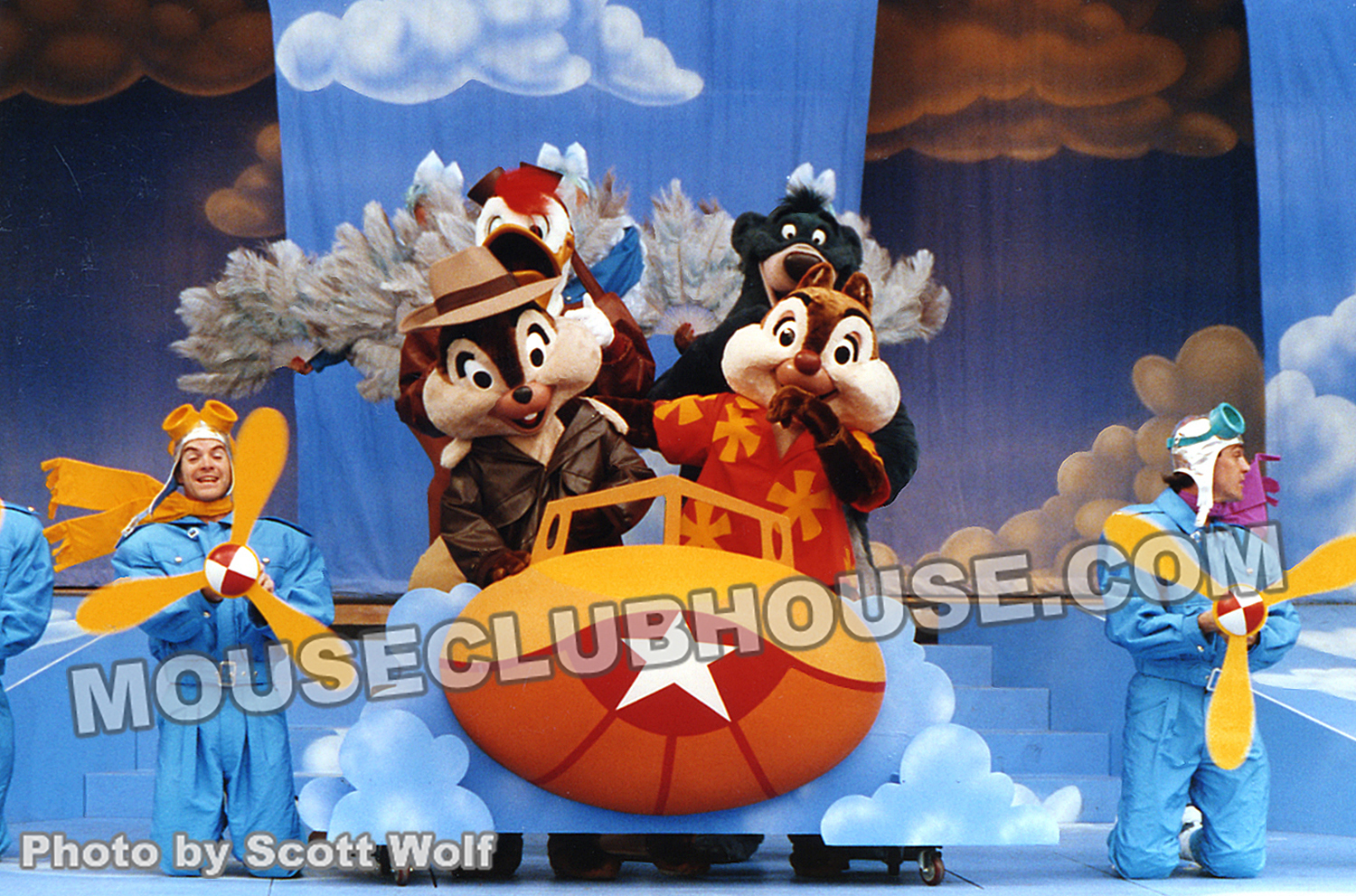 The "Friends for Life" number from the Plane Crazy show at Videopolis. Baloo is missing his TaleSpin hat during this rehearsal performance