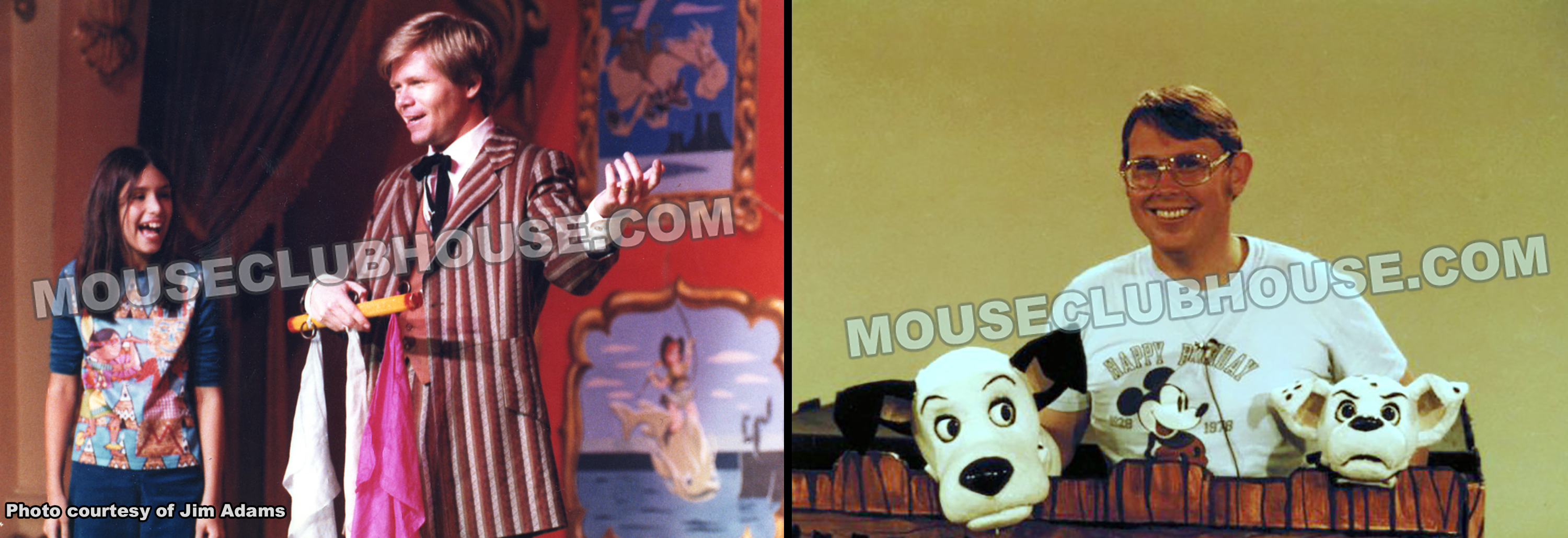 Jim Adams (left) performs in the Disneyland "Golden Horseshoe Revue" and Don Payne (right) takes a break from puppeteering on a television spot to promote "101 Dalmatians"