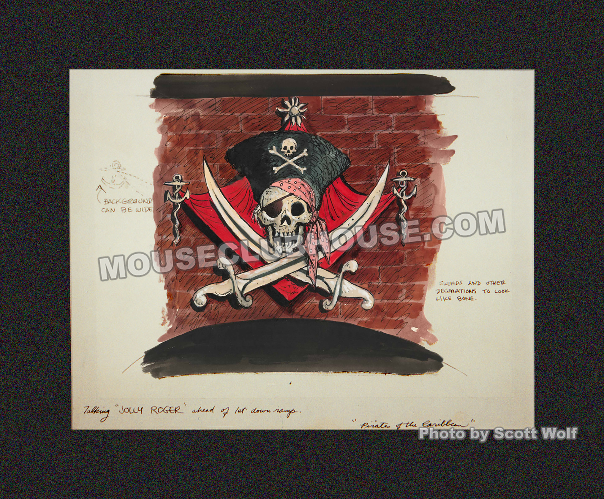 A display of Marc Davis' concept art for Pirates of the Caribbean was presented in the Disney Gallery