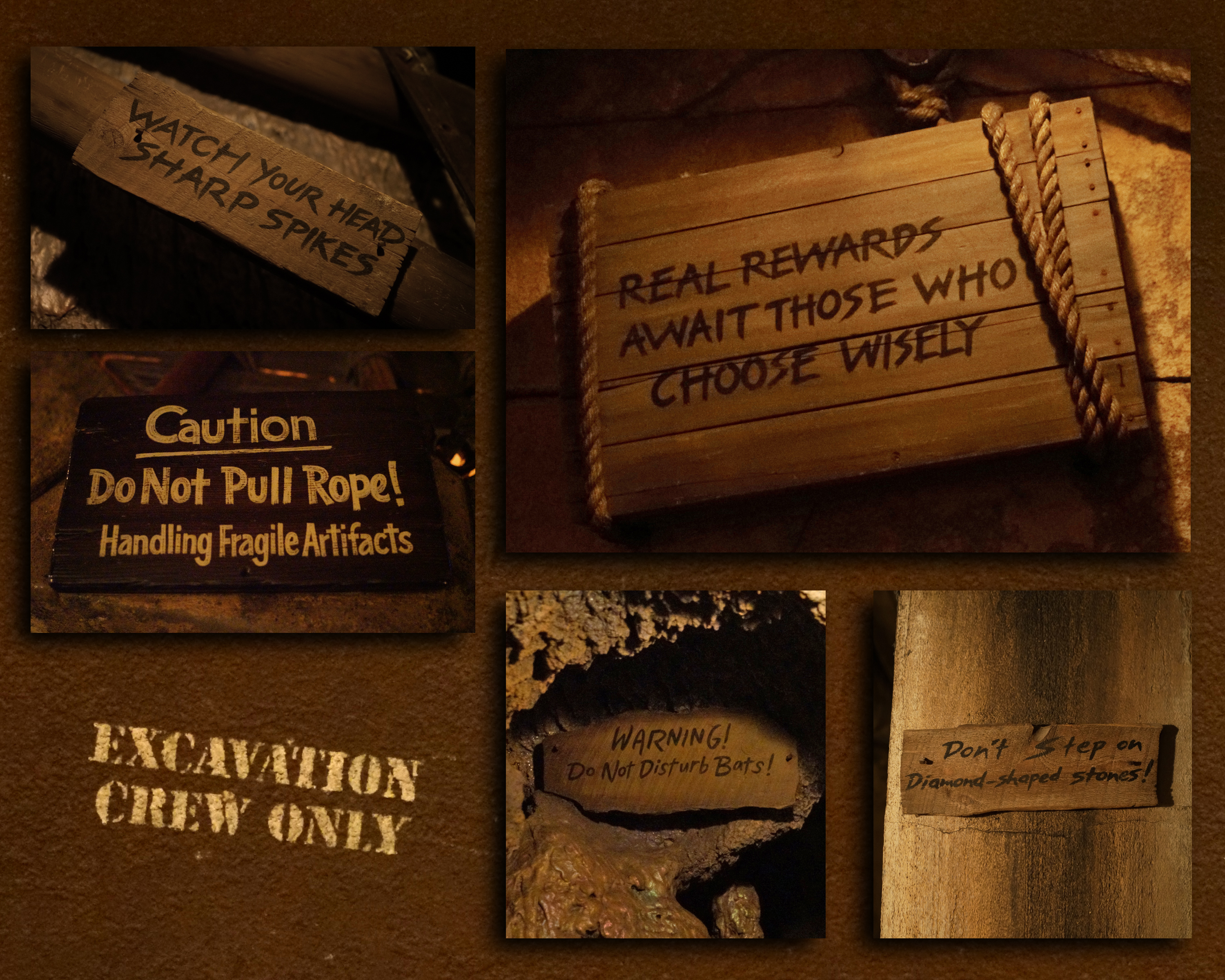 Signs that appear in the queue of the Indiana Jones Adventure in Disneyland
